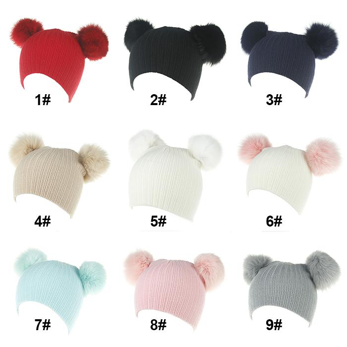 Baby Knitted Hats Two Raccoon Fur Balls Caps For Baby Girls Boys Winter Children Earmuffs Hats Caps - Click Image to Close